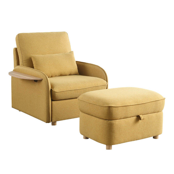 Lilola Home Huckleberry Yellow Linen Accent Chair with Storage Ottoman and Folding Side Table 88860
