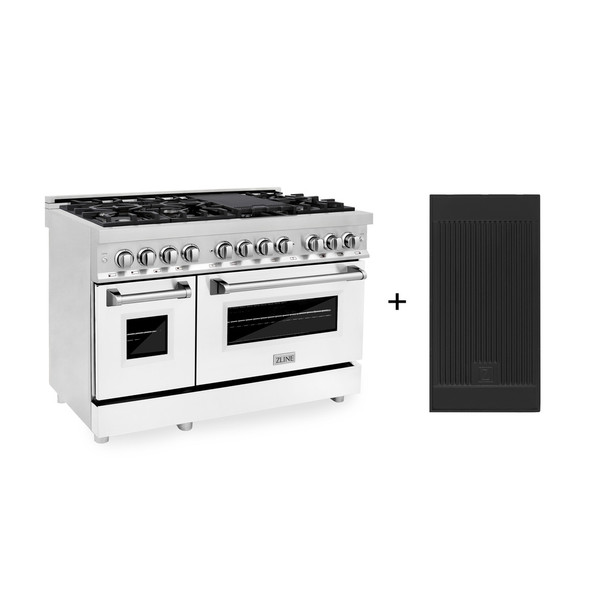 ZLINE 48" 6.0 cu. ft. Electric Oven and Gas Cooktop Dual Fuel Range with Griddle and White Matte Door in Stainless Steel - RA-WM-GR-48