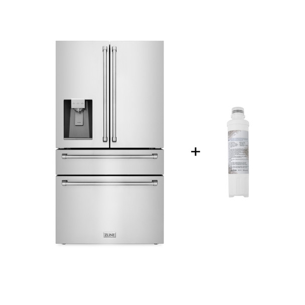 ZLINE 36" 21.6 cu. ft. 4-Door French Door Refrigerator with Water and Ice Dispenser and Water Filter in Fingerprint Resistant Stainless Steel - RFM-W-WF-36