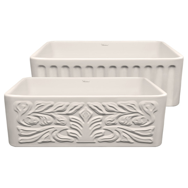 Whitehaus Farmhaus Fireclay Reversible Sink With A Gothichaus Swirl Design Front Apron On One Side - WHFLGO3018-BISCUIT