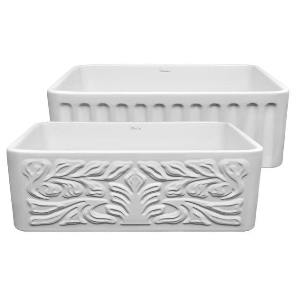 Whitehaus Farmhaus Fireclay Reversible Sink With A Gothichaus Swirl Design Front Apron On One Side - WHFLGO3018-WHITE