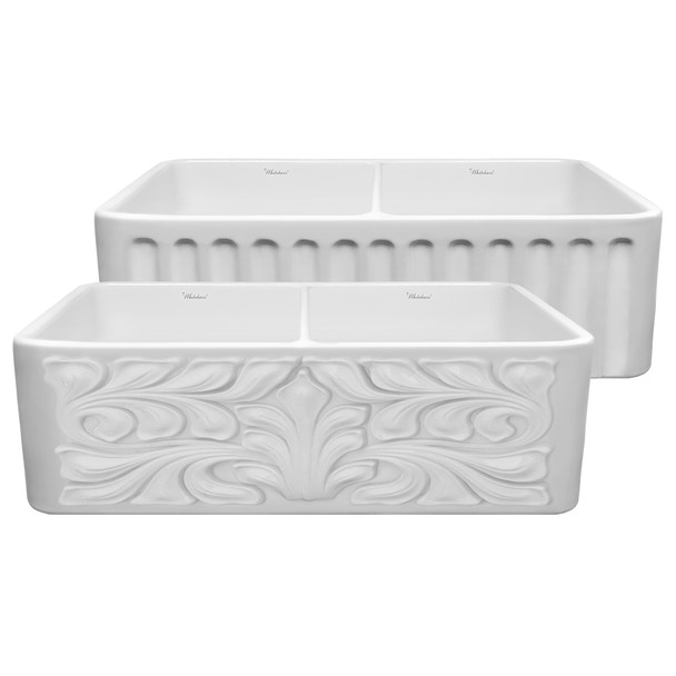 Whitehaus Farmhaus Fireclay Reversible Double Bowl Sink With A Gothichaus Swirl Design Front Apron On One Side - WHFLGO3318-WHITE