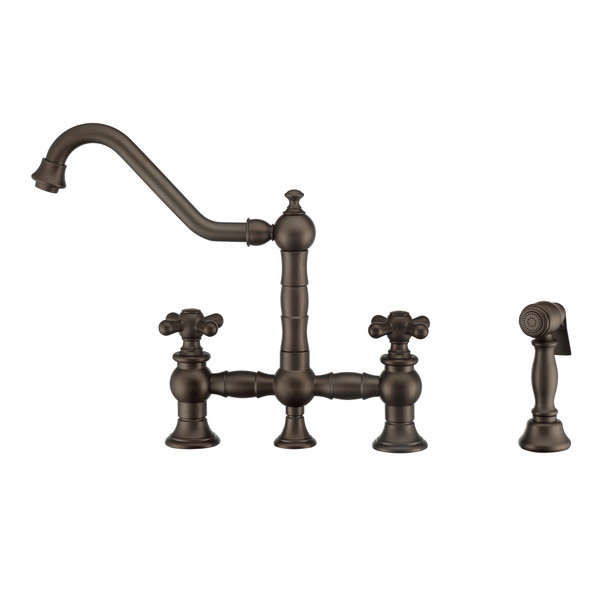 Whitehaus Vintage Iii Plus Bridge Faucet With Long Traditional Swivel Spout, Cross Handles And Solid Brass Side Spray - WHKBTCR3-9201-NT-ORB