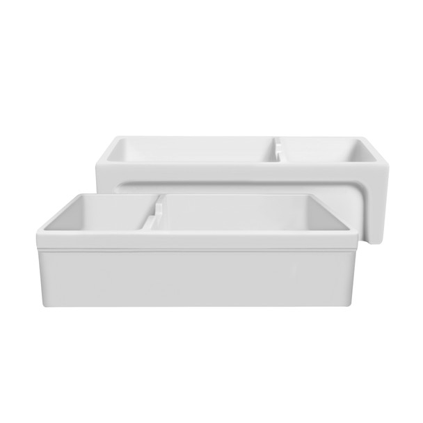 Whitehaus Glencove Fireclay 42" Large Double Bowl Reversible Sink With An Elegant Beveled Front Apron On One Side - WHQDB5542-WHITE