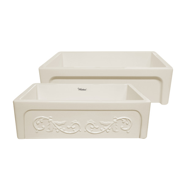 Whitehaus Glencove St. Ives 33" Front Apron Fireclay Sink With An Intricate Vine Design - WHSIV3333-BISCUIT