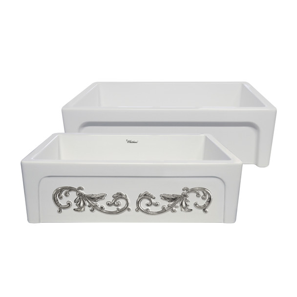 Whitehaus St. Ives Ornamental 33" Reversible Fireclay Kitchen Sink With Intricate Embossed Vine Design Front Apron - WHSIV3333OR-PLATINUM