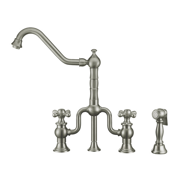 Whitehaus Twisthaus Plus Bridge Faucet With Long Traditional Swivel Spout, Cross Handles And Solid Brass Side Spray - WHTTSCR3-9771-NT-BN