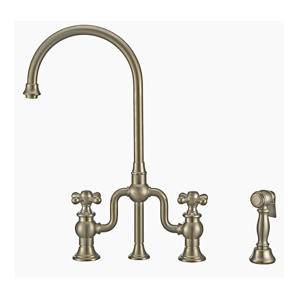 Whitehaus Twisthaus Plus Bridge Faucet With Gooseneck Swivel Spout, Cross Handles And Solid Brass Side Spray - WHTTSCR3-9773-NT-BN