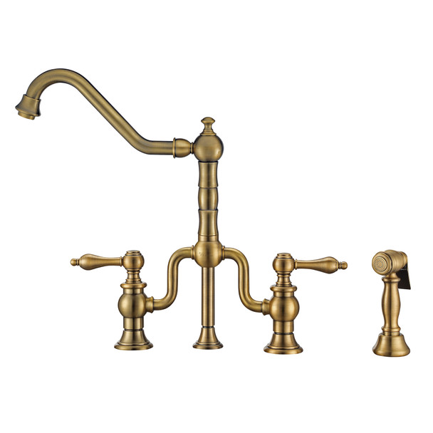 Whitehaus Twisthaus Plus Bridge Faucet With Long Traditional Swivel Spout, Lever Handles And Solid Brass Side Spray - WHTTSLV3-9771-NT-AB