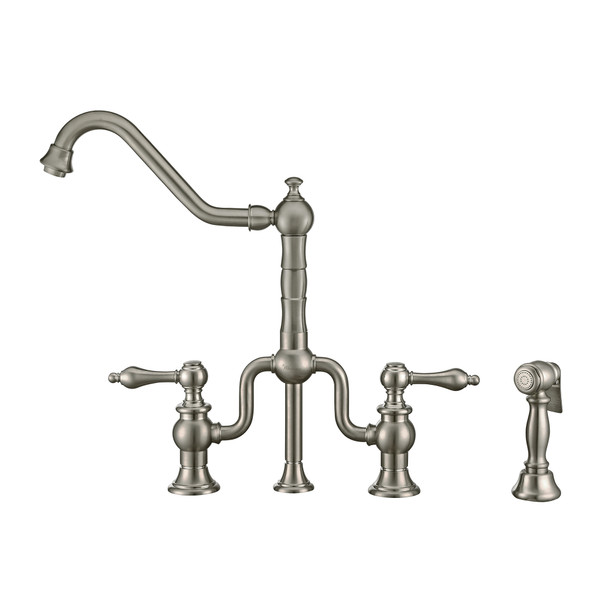 Whitehaus Twisthaus Plus Bridge Faucet With Long Traditional Swivel Spout, Lever Handles And Solid Brass Side Spray - WHTTSLV3-9771-NT-BN