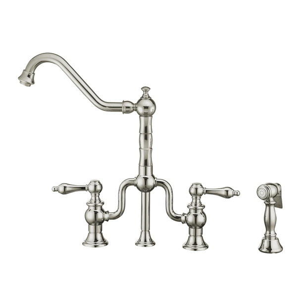 Whitehaus Twisthaus Plus Bridge Faucet With Long Traditional Swivel Spout, Lever Handles And Solid Brass Side Spray - WHTTSLV3-9771-NT-C