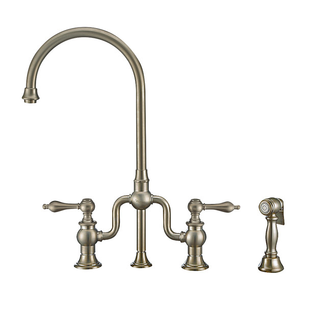 Whitehaus Twisthaus Plus Bridge Faucet With Gooseneck Swivel Spout, Lever Handles And Solid Brass Side Spray - WHTTSLV3-9773-NT-BN