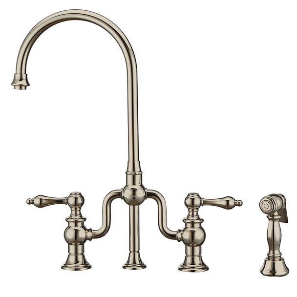 Whitehaus Twisthaus Plus Bridge Faucet With Gooseneck Swivel Spout, Lever Handles And Solid Brass Side Spray - WHTTSLV3-9773-NT-PN