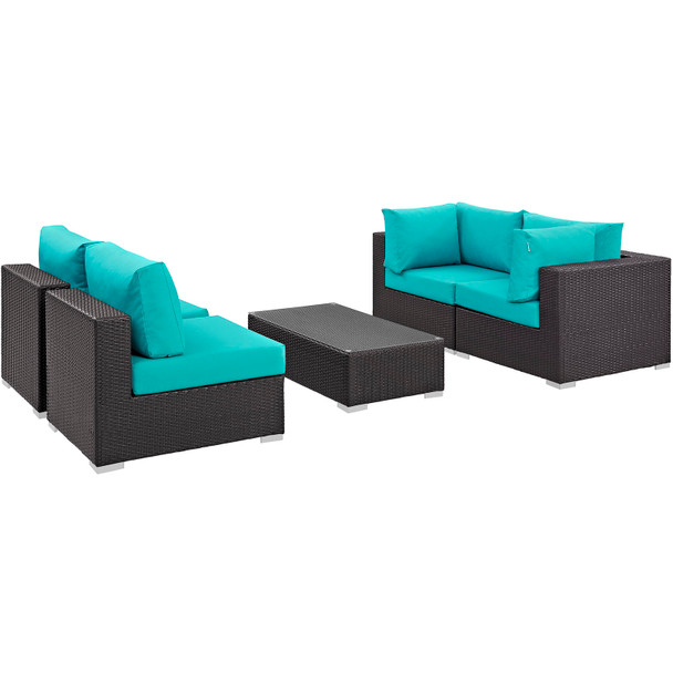 Modway Convene 5 Piece Outdoor Patio Sectional Set EEI-2163-EXP-TRQ-SET Espresso Turquoise