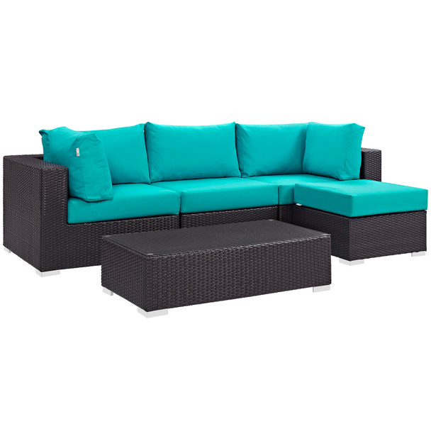 Modway Convene 5 Piece Outdoor Patio Sectional Set EEI-2172-EXP-TRQ-SET Espresso Turquoise