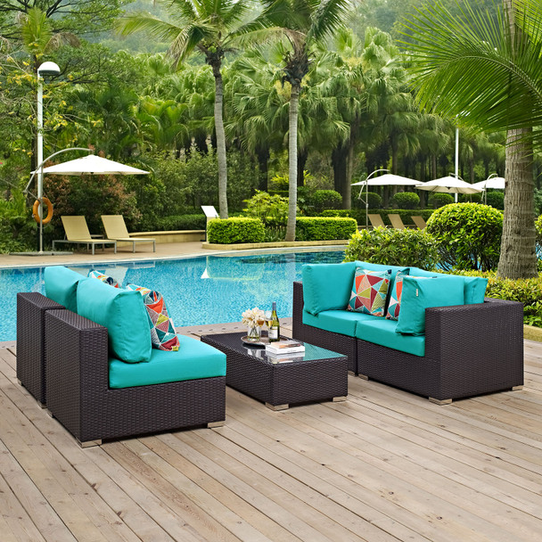 Modway Convene 5 Piece Outdoor Patio Sectional Set EEI-2356-EXP-TRQ-SET Espresso Turquoise