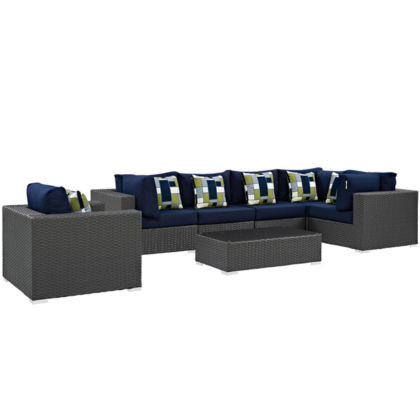 Modway Sojourn 7 Piece Outdoor Patio Sunbrella® Sectional Set EEI-2374-CHC-NAV-SET Canvas Navy