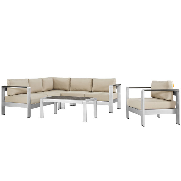 Modway Shore 5 Piece Outdoor Patio Aluminum Sectional Sofa Set EEI-2560-SLV-BEI Silver Beige