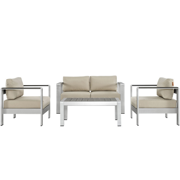 Modway Shore 4 Piece Outdoor Patio Aluminum Sectional Sofa Set EEI-2567-SLV-BEI Silver Beige