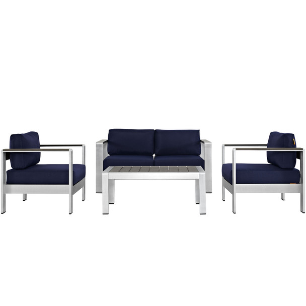 Modway Shore 4 Piece Outdoor Patio Aluminum Sectional Sofa Set EEI-2567-SLV-NAV Silver Navy