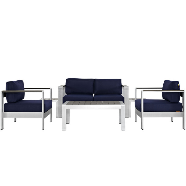 Modway Shore 6 Piece Outdoor Patio Aluminum Sectional Sofa Set EEI-2568-SLV-NAV Silver Navy