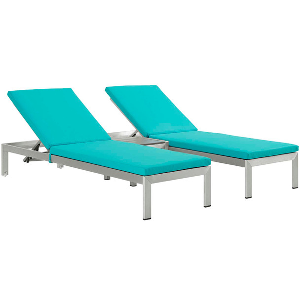 Modway Shore 3 Piece Outdoor Patio Aluminum Chaise with Cushions EEI-2736-SLV-TRQ-SET Silver Turquoise