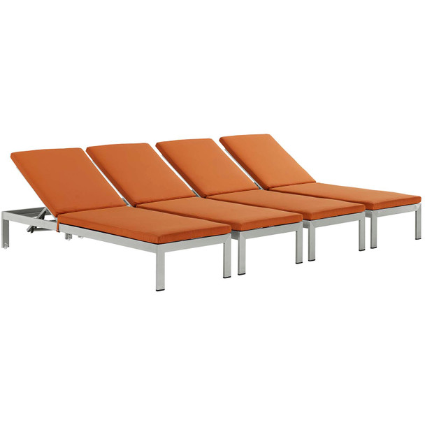 Modway Shore Chaise with Cushions Outdoor Patio Aluminum Set of 4 EEI-2738-SLV-ORA-SET Silver Orange
