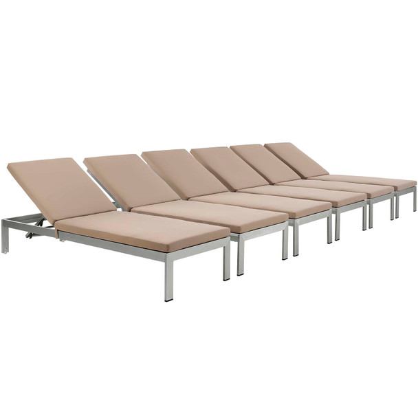 Modway Shore Chaise with Cushions Outdoor Patio Aluminum Set of 6 EEI-2739-SLV-MOC-SET Silver Mocha