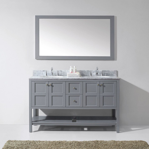 Virtu USA ED-30060-WMRO-GR Avant Styles Winterfell 60" Double Bathroom Vanity in Grey with Italian Carrara White Marble Top and Round Sink with Mirror