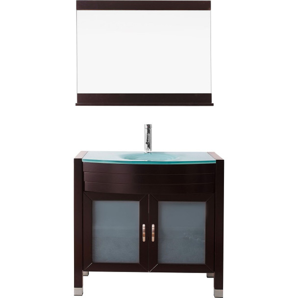Virtu USA UM-3071-G-ES-001 Ava 36" Single Bathroom Vanity in Espresso with Aqua Tempered Glass Top and Round Sink with Brushed Nickel Faucet and Mirror
