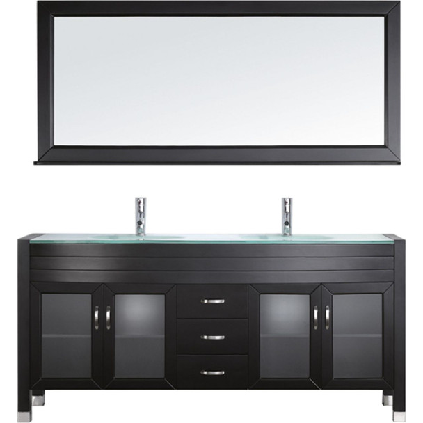 Virtu USA UM-3073-G-ES Ava 71" Double Bathroom Vanity in Espresso with Aqua Tempered Glass Top and  Sink with Polished Chrome Faucet and Mirror