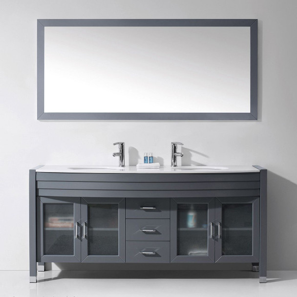 Virtu USA UM-3073-S-GR Ava 71" Double Bathroom Vanity in Grey with White Engineered Stone Top and Round Sink with Polished Chrome Faucet and Mirror