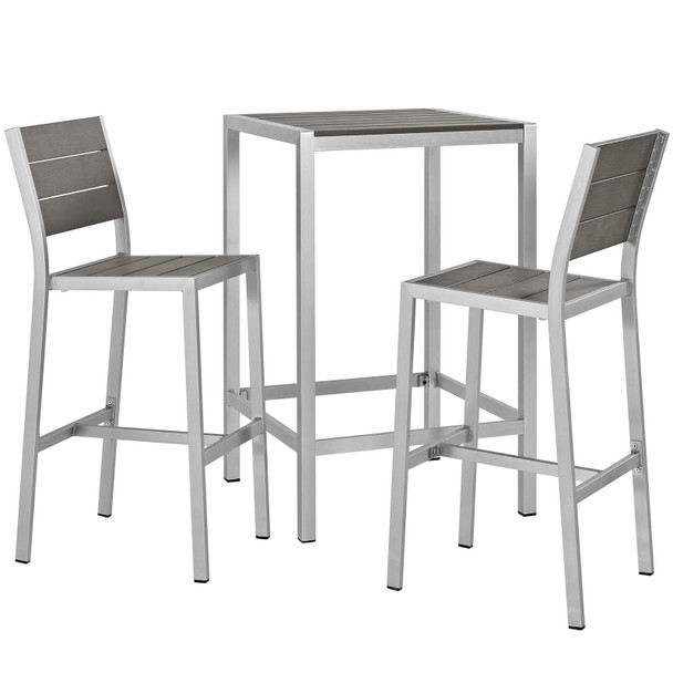 Modway Shore 3 Piece Outdoor Patio Aluminum Outdoor Pub Set EEI-3158-SLV-GRY-SET Silver Gray