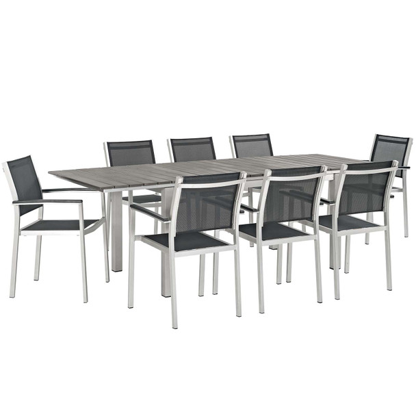 Modway Shore 9 Piece Outdoor Patio Aluminum Outdoor Dining Set EEI-3202-SLV-BLK-SET Silver Black