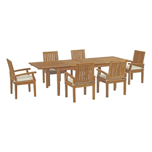 Modway Marina 7 Piece Outdoor Patio Teak Outdoor Dining Set EEI-3279-NAT-WHI-SET Natural White