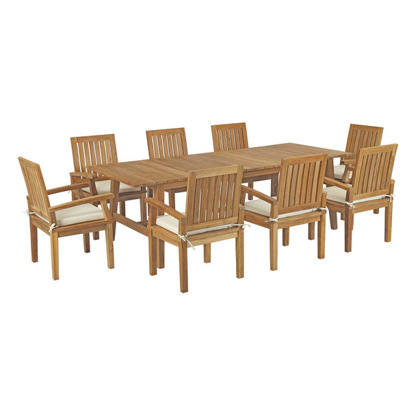 Modway Marina 9 Piece Outdoor Patio Teak Outdoor Dining Set EEI-3312-NAT-WHI-SET Natural White