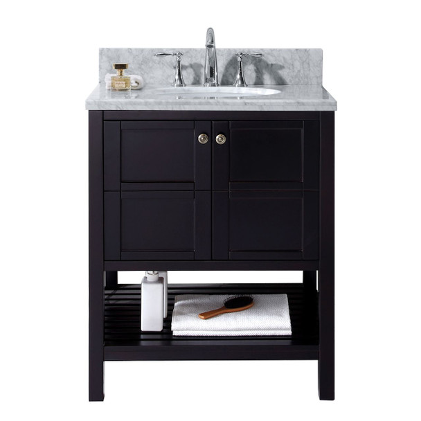 Virtu USA ES-30030-WMRO-ES-NM-Winterfell 30" Single Bathroom Vanity in Espresso with Italian Carrara White Marble Top and Round Sink