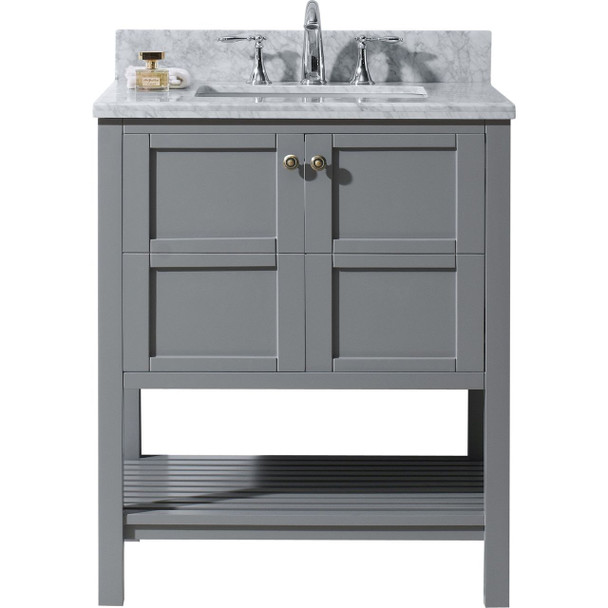 Virtu USA ES-30030-WMRO-GR-Winterfell 30" Single Bathroom Vanity in Grey with Italian Carrara White Marble Top and Round Sink with Mirror