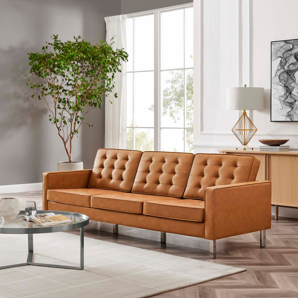 Modway Loft Tufted Upholstered Faux Leather Sofa EEI-3385-SLV-TAN Silver Tan
