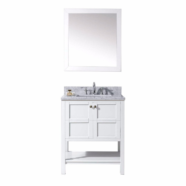 Virtu USA ES-30030-WMSQ-WH-Winterfell 30" Single Bathroom Vanity in White with Italian Carrara White Marble Top and Square Sink with Mirror