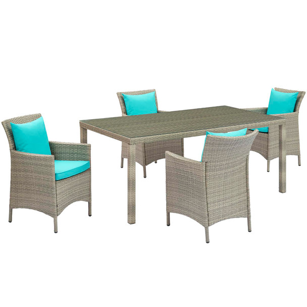 Modway Conduit 5 Piece Outdoor Patio Wicker Rattan Dining Set EEI-3894-LGR-TRQ-SET Light Gray Turquoise