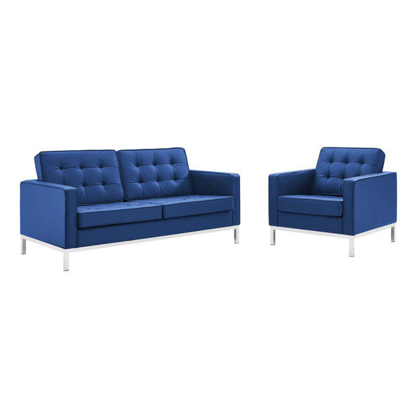 Modway Loft Tufted Upholstered Faux Leather Loveseat and Armchair Set EEI-4102-SLV-NAV-SET Silver Navy