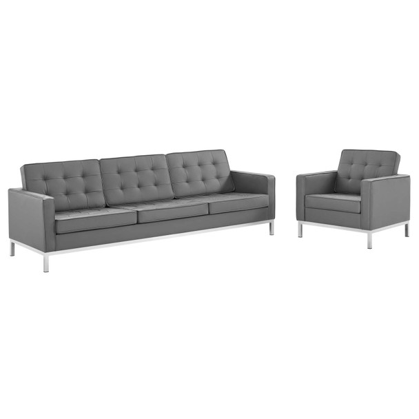 Modway Loft Tufted Upholstered Faux Leather Sofa and Armchair Set EEI-4104-SLV-GRY-SET Silver Gray