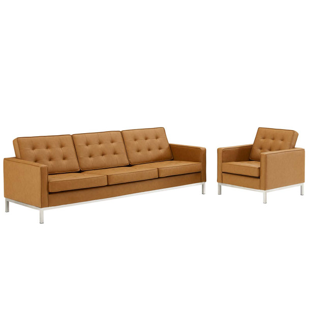 Modway Loft Tufted Upholstered Faux Leather Sofa and Armchair Set EEI-4104-SLV-TAN-SET Silver Tan