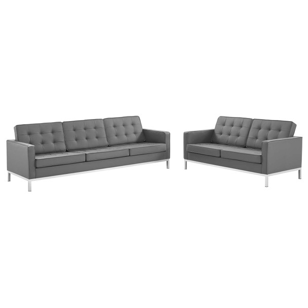 Modway Loft Tufted Upholstered Faux Leather Sofa and Loveseat Set EEI-4106-SLV-GRY-SET Silver Navy