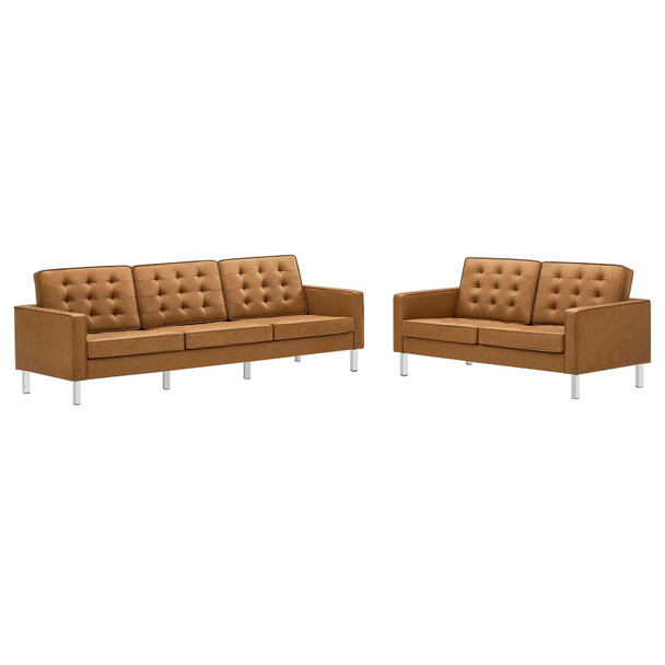 Modway Loft Tufted Upholstered Faux Leather Sofa and Loveseat Set EEI-4106-SLV-TAN-SET Silver White