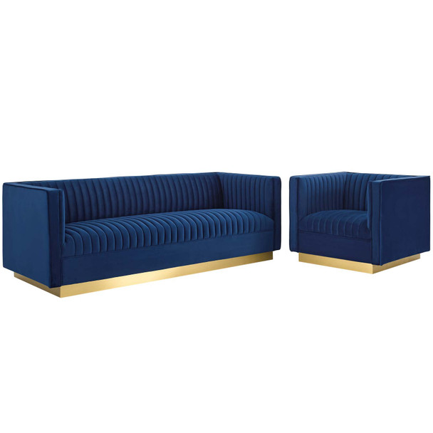 Modway Sanguine Vertical Channel Tufted Upholstered Performance Velvet Sofa and Armchair Set EEI-4143-NAV-SET Navy