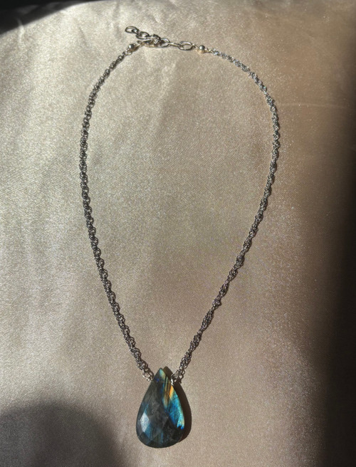 Necklace, labradorite drop 20x22mm, stainless steel adjustable chain 14 - 16mm, sterling lobster claw clasp Necklace, labradorite drop 20x22mm, stainless steel adjustable chain 14 - 16mm, sterling lobster claw clasp