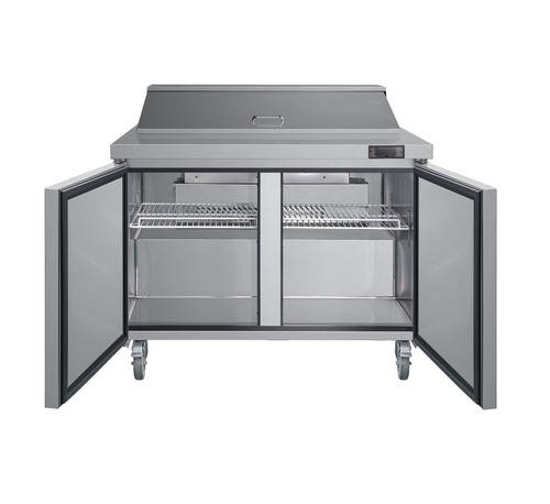 QUANTUM COMMERCIAL 48" 2 DOOR 12 PAN SALAD/SANDWICH PREP TABLE (front/side)