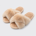 Beige faux fur cross-band open-toe slippers pair on a neutral background